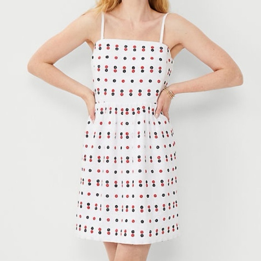 Ann Taylor White dress with navy and red floral embroidery